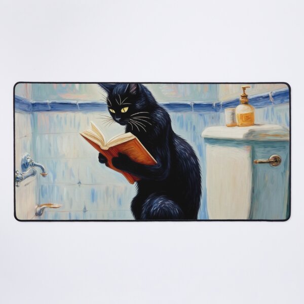 Artikelvorschau, Schwarze Katze liest Buch auf der Toilette - lustige Badezimmerkunst, wunderliche Katzenillustration, entworfen und verkauft von Kina-design.