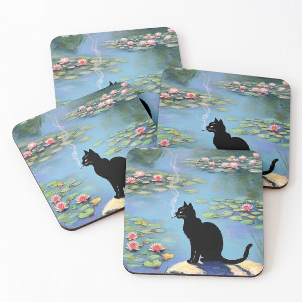 Item preview, Smoking Black Cat on Water Lilies - Monet-Inspired Painting designed and sold by Kina-design.