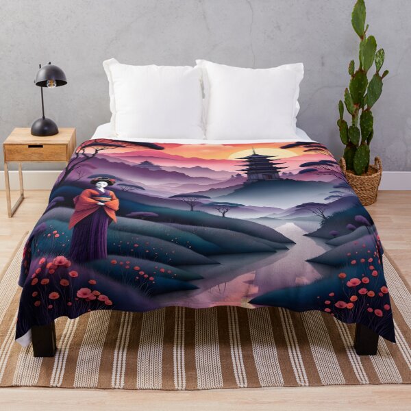 Item preview, Japanese geisha in the woods at dawn, kimono, purple fantasy designed and sold by Coolparrotgirl.