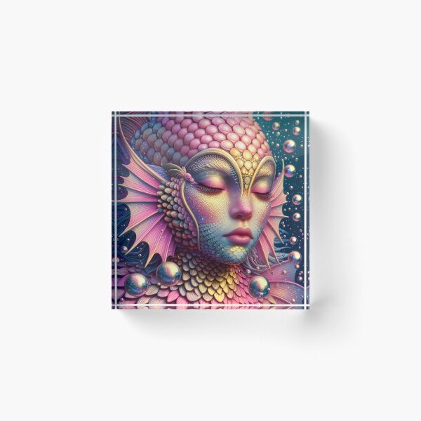 Item preview, Pink scaled Siren portraiture with closed eyes as an ethereal beauty underwater among iridescent bubbles digitalart designed and sold by EmeraldeaArt.