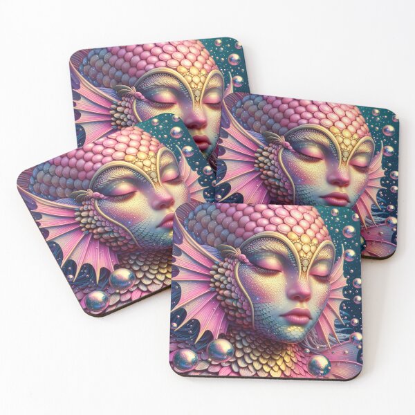 Item preview, Pink scaled Siren portraiture with closed eyes as an ethereal beauty underwater among iridescent bubbles digitalart designed and sold by EmeraldeaArt.