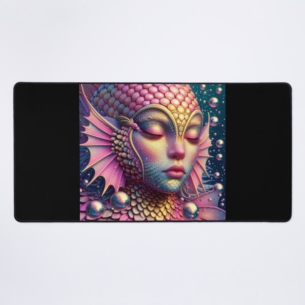Item preview, Pink scaled Siren portraiture with closed eyes as an ethereal beauty underwater among iridescent bubbles digitalart designed and sold by EmeraldeaArt.