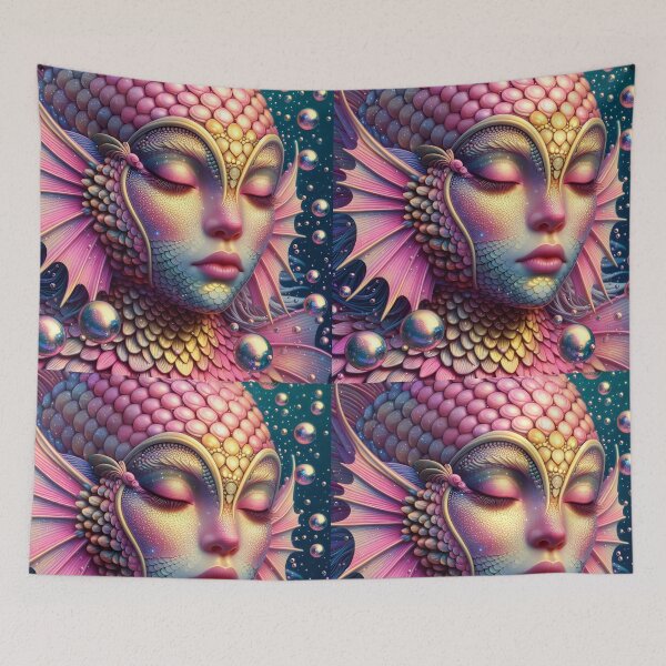 Item preview, Pink scaled Siren portraiture with closed eyes as an ethereal beauty underwater among iridescent bubbles digitalart designed and sold by EmeraldeaArt.