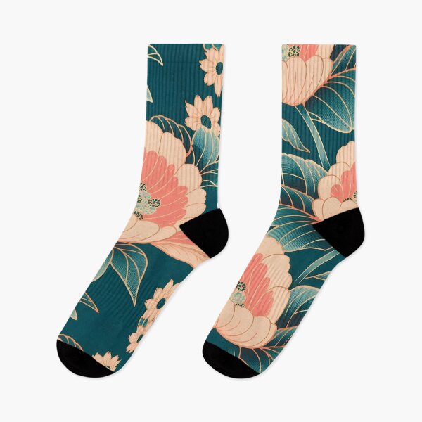 Item preview, Floral Japanese kimono fabric design in pastel pink and teal designed and sold by patterncrow.