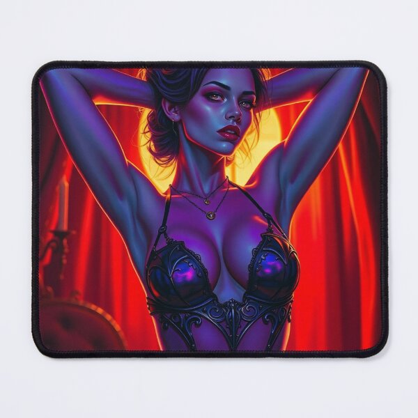 Item preview, A gothic painting depicting a sexy vampire queen, arms behind her head, in a dimly lit red boudoir. designed and sold by Vintage Designs +.