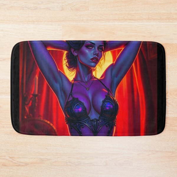 Item preview, A gothic painting depicting a sexy vampire queen, arms behind her head, in a dimly lit red boudoir.  designed and sold by Vintage Designs +.