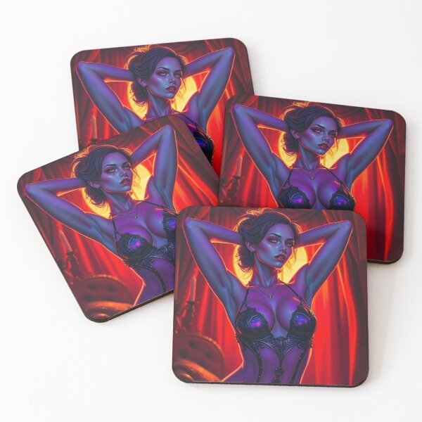 Item preview, A gothic painting depicting a sexy vampire queen, arms behind her head, in a dimly lit red boudoir.  designed and sold by Vintage Designs +.