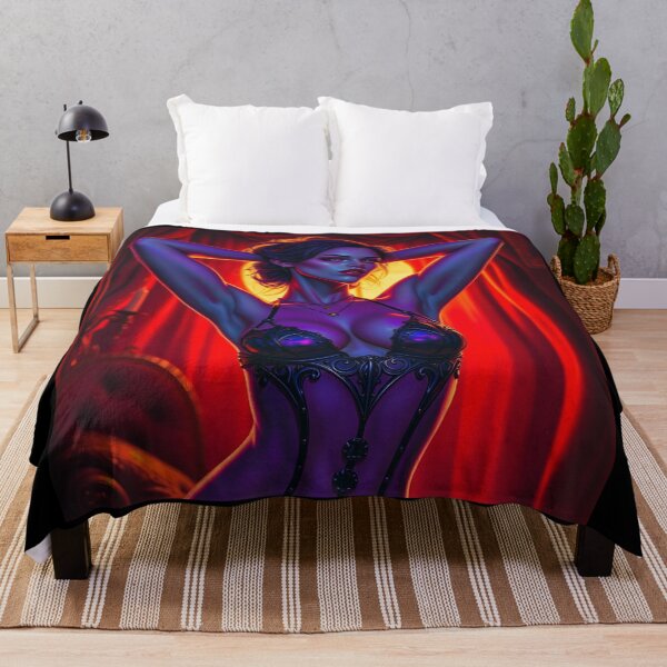 Item preview, A gothic painting depicting a sexy vampire queen, arms behind her head, in a dimly lit red boudoir.  designed and sold by Vintage Designs +.