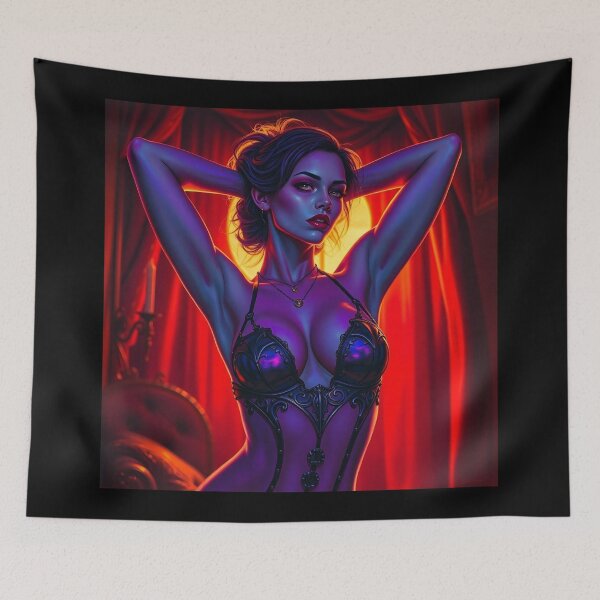 Item preview, A gothic painting depicting a sexy vampire queen, arms behind her head, in a dimly lit red boudoir.  designed and sold by Vintage Designs +.