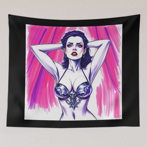 Item preview,  A gothic painting depicting a sexy vampire queen, arms behind her head, in a dimly lit red boudoir.  designed and sold by Vintage Designs +.