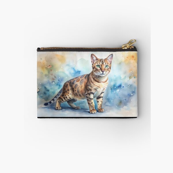 Item preview, Bengal cat standing alert and looking at camera. Distinctive brown coat with dark markings captured in watercolor against vibrant background. Concept exotic pet breeder, wildlife conservation. designed and sold by AngelinArts.