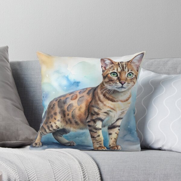 Item preview, Bengal cat standing alert and looking at camera. Distinctive brown coat with dark markings captured in watercolor against vibrant background. Concept exotic pet breeder, wildlife conservation. designed and sold by AngelinArts.