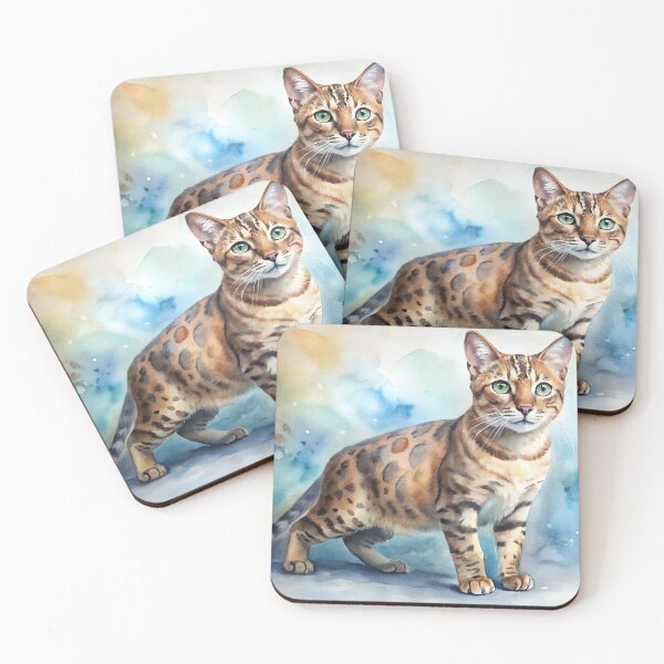 Item preview, Bengal cat standing alert and looking at camera. Distinctive brown coat with dark markings captured in watercolor against vibrant background. Concept exotic pet breeder, wildlife conservation. designed and sold by AngelinArts.