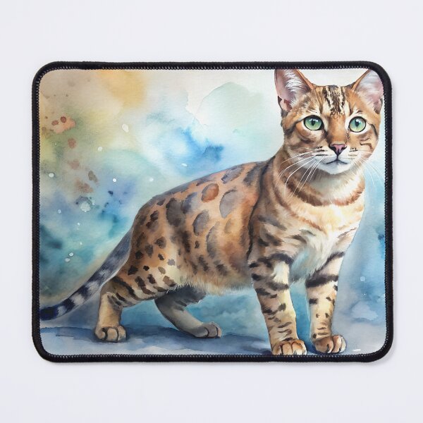 Item preview, Bengal cat standing alert and looking at camera. Distinctive brown coat with dark markings captured in watercolor against vibrant background. Concept exotic pet breeder, wildlife conservation. designed and sold by AngelinArts.