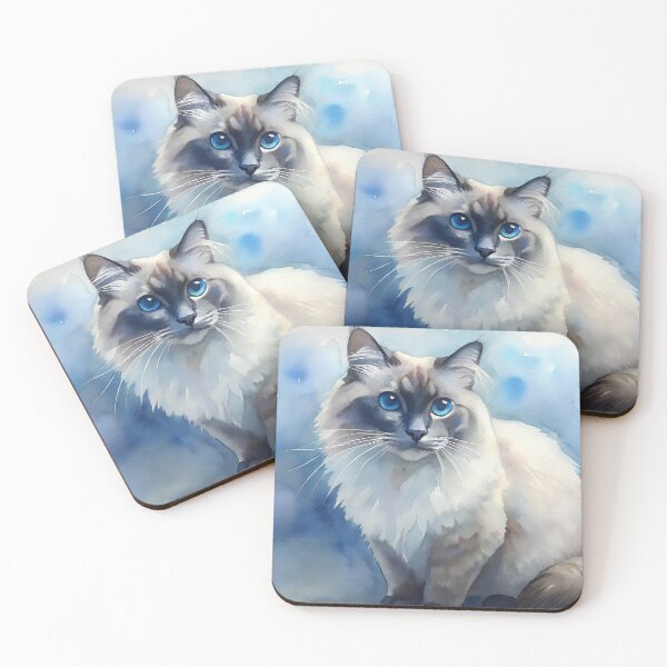 Item preview, Birman cat with striking blue eyes looking at camera. Light gray and white coat captured in delicate watercolor against ethereal blue-purple background. Concept luxury pet care, art prints. designed and sold by AngelinArts.