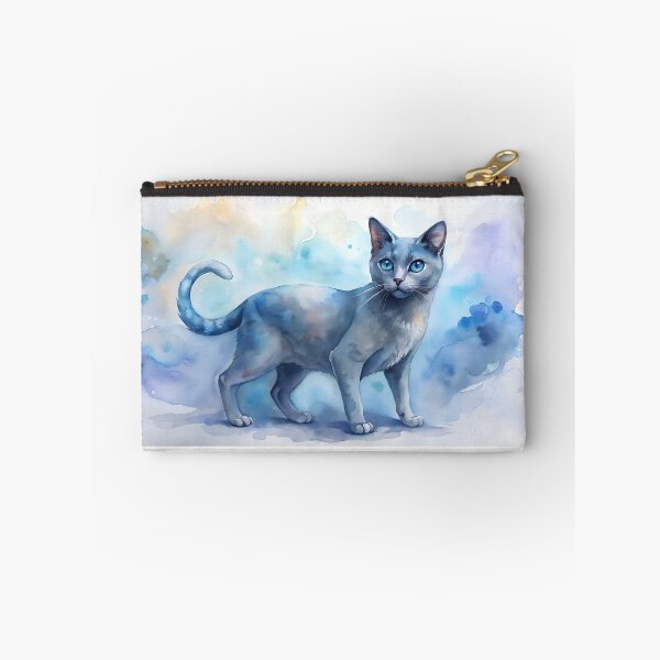 Item preview, Blue cat standing alert and looking at camera. Distinctive blue-grey coat and bright eyes captured in watercolor against soft pastel background. Concept premium pet food, breed society. designed and sold by AngelinArts.