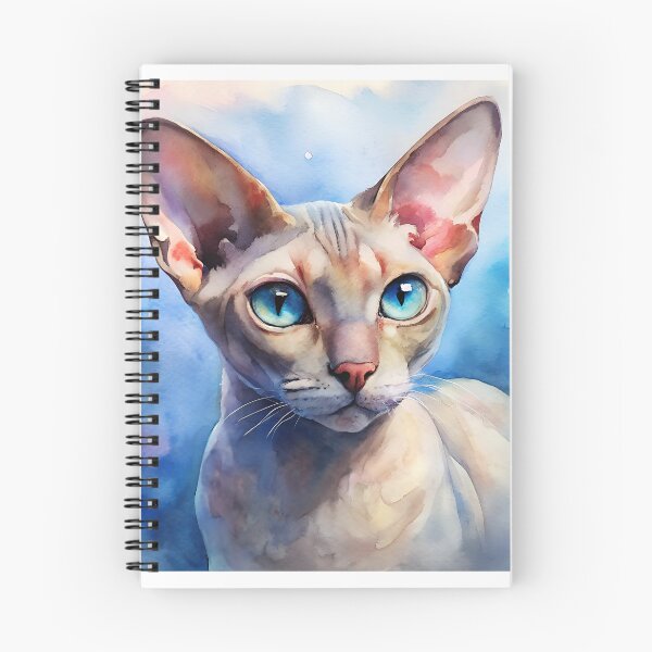 Item preview, Gato Devon Rex que mira pensativo hacia un lado con llamativos ojos azules. Aspecto único sin pelo representado en acuarela expresiva sobre un fondo de ensueño. Criador de mascotas especializado en concepto. designed and sold by AngelinArts.