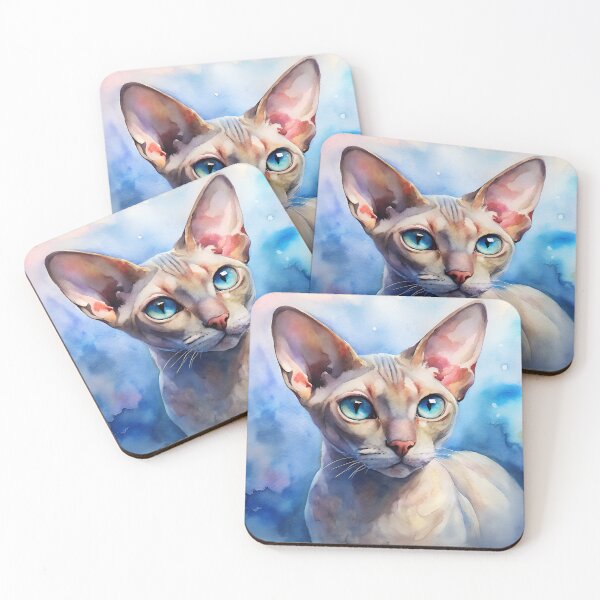 Item preview, Devon Rex cat looking pensively to the side with striking blue eyes. Unique hairless appearance rendered in expressive watercolor against dreamy background. Concept specialty breeder, pet salon. designed and sold by AngelinArts.