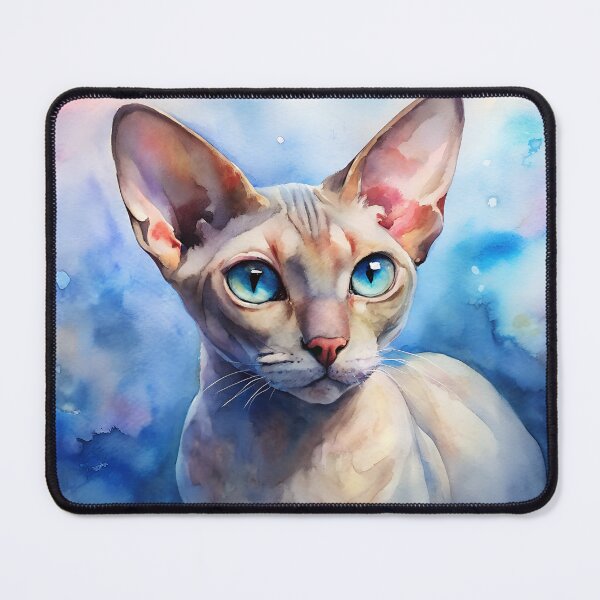 Item preview, Devon Rex cat looking pensively to the side with striking blue eyes. Unique hairless appearance rendered in expressive watercolor against dreamy background. Concept specialty breeder, pet salon. designed and sold by AngelinArts.