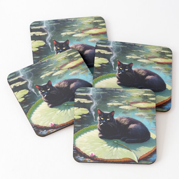 Item preview, Smoking Black Cat on a Lily Pad - Monet-Inspired Painting designed and sold by Kina-design.