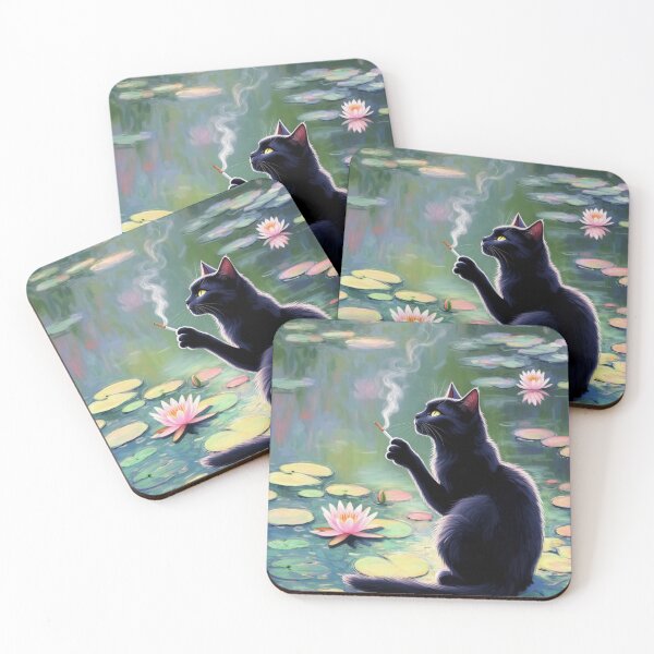 Item preview, Smoking Black Cat on a Lily Pond - Surreal Impressionist Art, Moody Feline Aesthetic, Dark Humor, Water Lilies, Monet-Inspired Painting designed and sold by Kina-design.