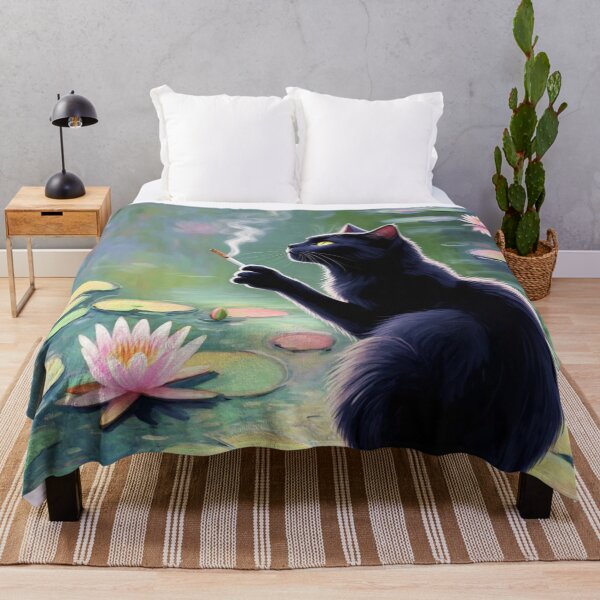 Item preview, Smoking Black Cat on a Lily Pond - Surreal Impressionist Art, Moody Feline Aesthetic, Dark Humor, Water Lilies, Monet-Inspired Painting designed and sold by Kina-design.