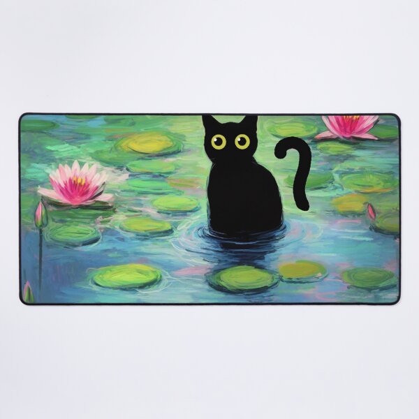 Artikelvorschau, Mysteriöse schwarze Katze in einem Seerosenteich - Surreale Kunst, impressionistische Ästhetik, launische Katze, von Monet inspirierte Fantasie entworfen und verkauft von Kina-design.