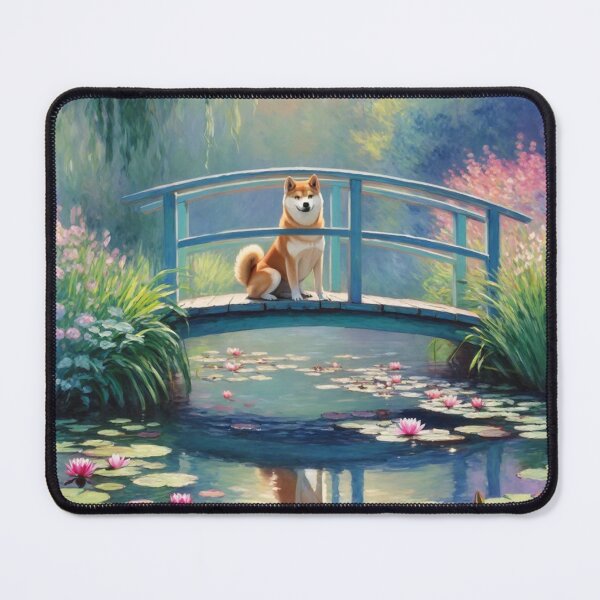 Artikelvorschau, Shiba Inu auf einer von Monet inspirierten Brücke – Japanischer Hund, Seerosenteich, impressionistische Kunst, ruhige Naturszene entworfen und verkauft von Kina-design.