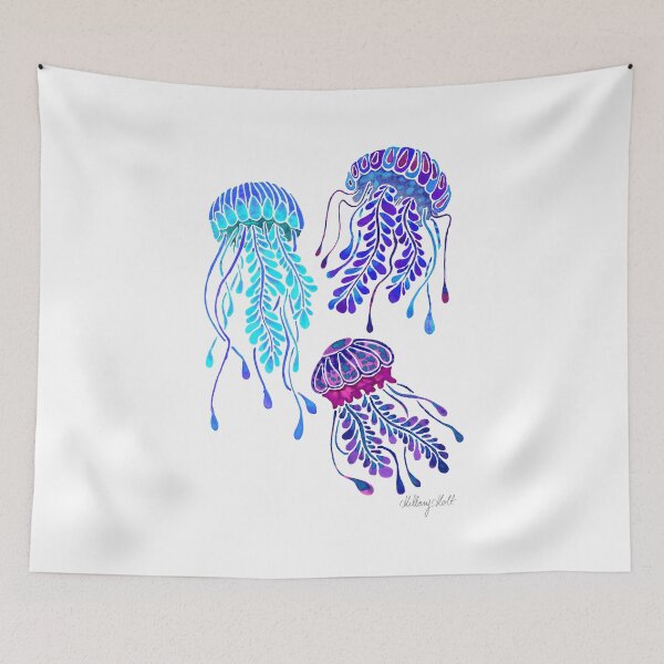 Item preview, Three watercolor blue, purple and turquoise coloured jellyfish swimming up designed and sold by Hillary Holt.