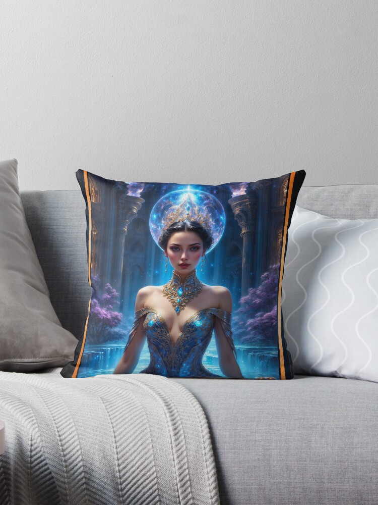 Isolde-Celeste In The Crystalline Waters Of The Blue Temple Striking AI Concept Art by Xzendor7 Decorative Art Print Throw Pillow