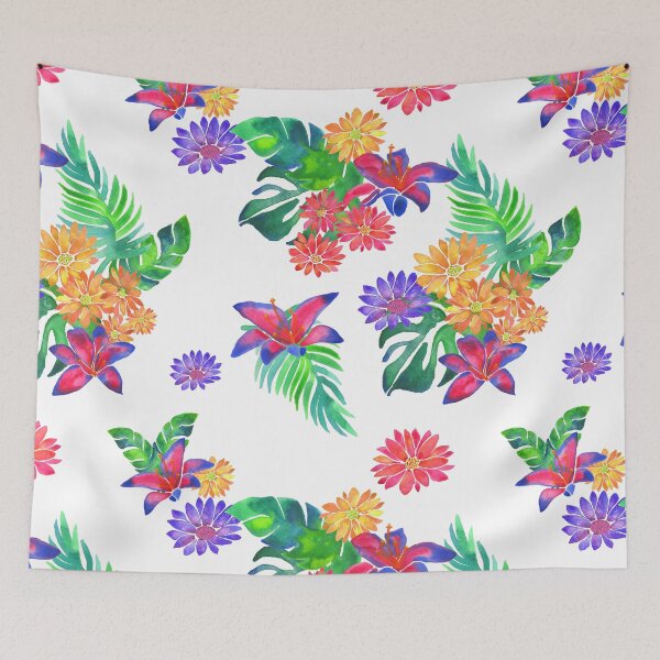 Item preview, A vibrant watercolor pattern of bright tropical flowers like daisies, lilies and jungle foliage designed and sold by Hillary Holt.