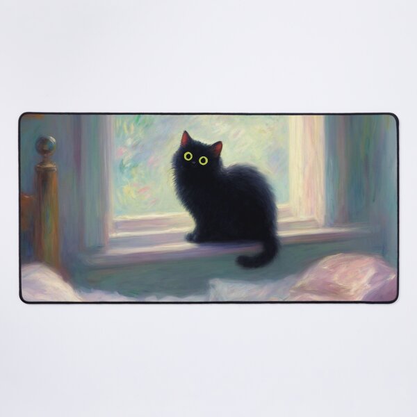 Artikelvorschau, Schwarze Katze am Fenster - Impressionistische Schlafzimmerkunst, gemütliches Wohndekor, Monet-inspirierte Fantasie entworfen und verkauft von Kina-design.