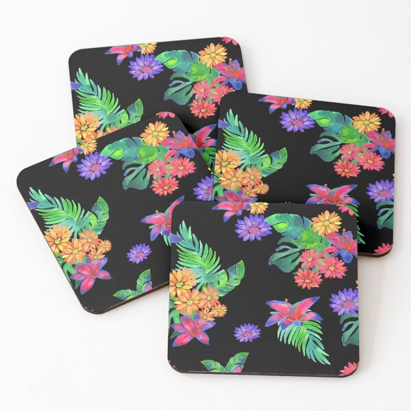 Item preview, A vibrant watercolor pattern of bright tropical flowers like daisies, lilies and jungle foliage against a black background designed and sold by Hillary Holt.
