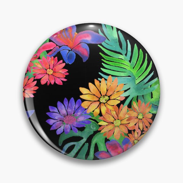 Item preview, A vibrant watercolor pattern of bright tropical flowers like daisies, lilies and jungle foliage against a black background designed and sold by Hillary Holt.