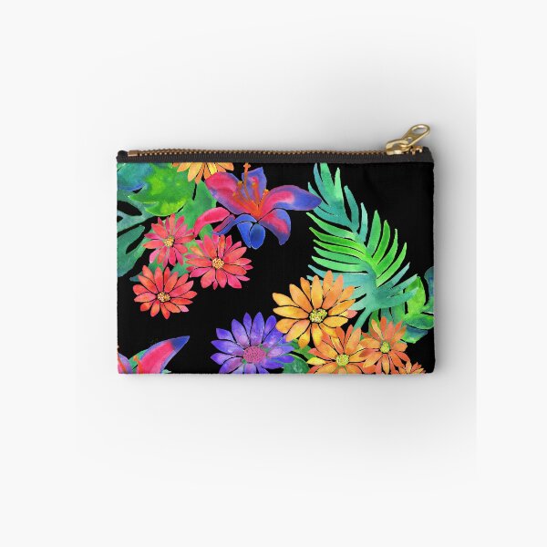 Item preview, A vibrant watercolor pattern of bright tropical flowers like daisies, lilies and jungle foliage against a black background designed and sold by Hillary Holt.