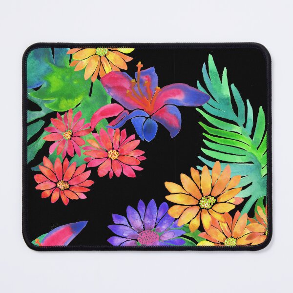 Item preview, A vibrant watercolor pattern of bright tropical flowers like daisies, lilies and jungle foliage against a black background designed and sold by Hillary Holt.