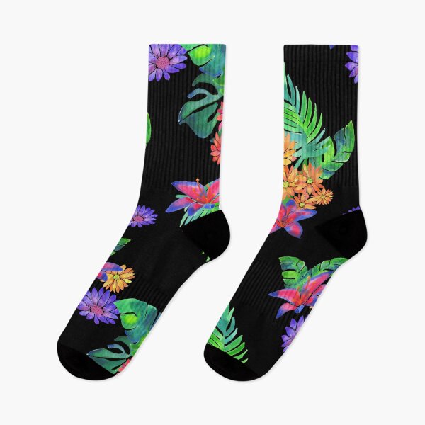 Item preview, A vibrant watercolor pattern of bright tropical flowers like daisies, lilies and jungle foliage against a black background designed and sold by Hillary Holt.