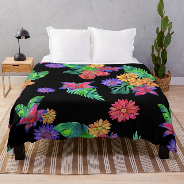 Item preview, A vibrant watercolor pattern of bright tropical flowers like daisies, lilies and jungle foliage against a black background designed and sold by Hillary Holt.