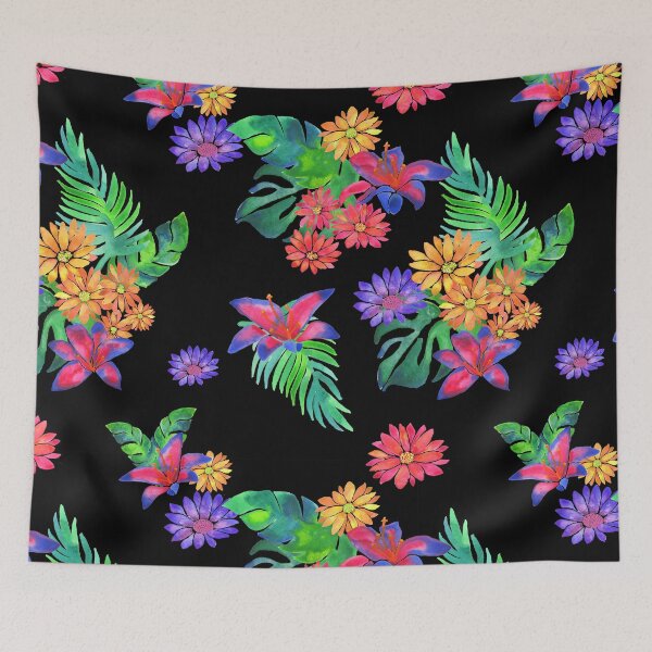 Item preview, A vibrant watercolor pattern of bright tropical flowers like daisies, lilies and jungle foliage against a black background designed and sold by Hillary Holt.