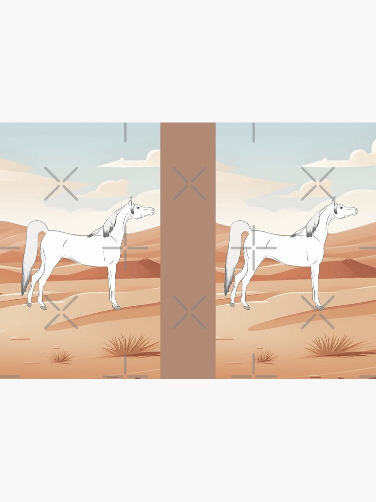 Aperçu 3 sur 3. Carnet avec l'œuvre Cheval Arabe, cheval gris sur un fond de paysage, cheval oriental, races de chevaux de l'Arabie Saoudite créée et vendue par WebEquitation.