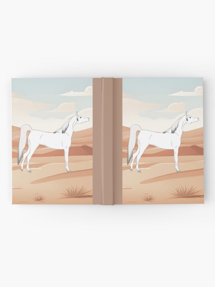 Aperçu 2 sur 3. Carnet avec l'œuvre Cheval Arabe, cheval gris sur un fond de paysage, cheval oriental, races de chevaux de l'Arabie Saoudite créée et vendue par WebEquitation.
