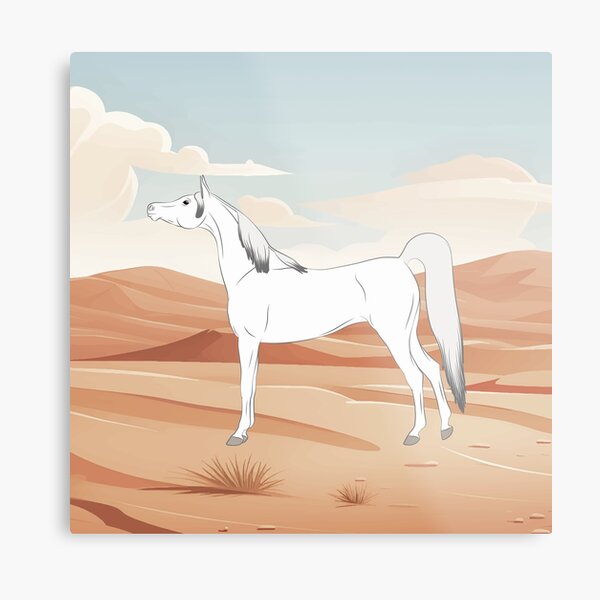 Aperçu de l'œuvre Cheval Arabe, cheval gris sur un fond de paysage, cheval oriental, races de chevaux de l'Arabie Saoudite créée et vendue par WebEquitation®.
