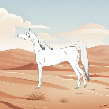 Aperçu de l'œuvre Cheval Arabe, cheval gris sur un fond de paysage, cheval oriental, races de chevaux de l'Arabie Saoudite de WebEquitation®