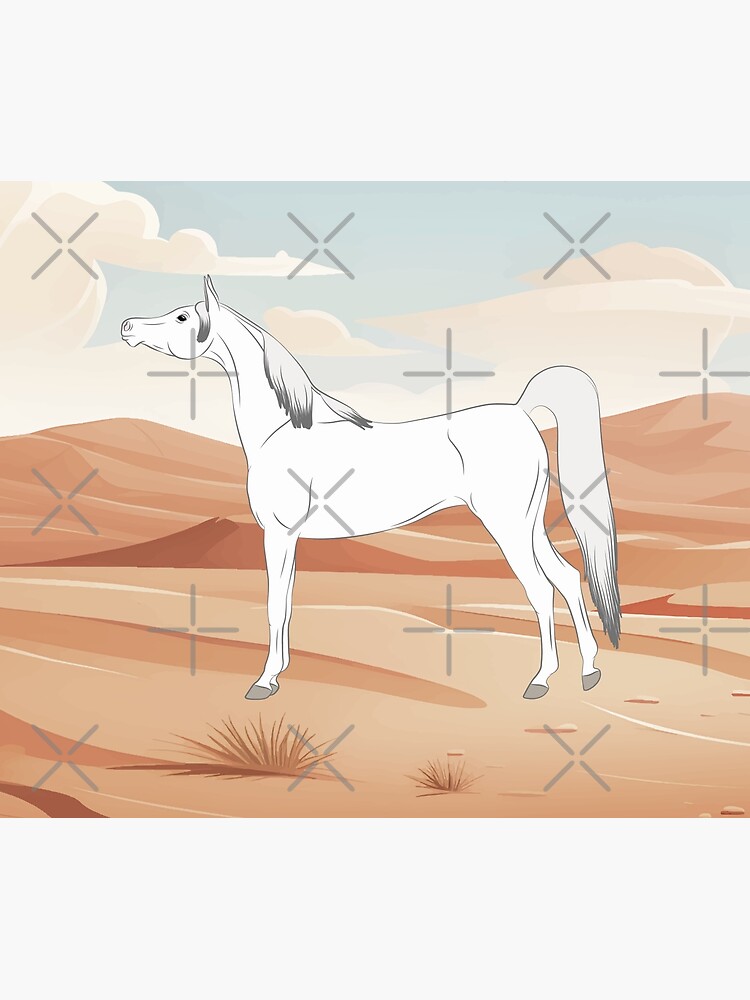 Aperçu 5 sur 5. Couvre-lit avec l'œuvre Cheval Arabe, cheval gris sur un fond de paysage, cheval oriental, races de chevaux de l'Arabie Saoudite créée et vendue par WebEquitation.