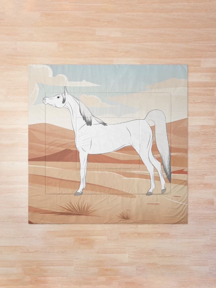 Aperçu 1 sur 5. Couvre-lit avec l'œuvre Cheval Arabe, cheval gris sur un fond de paysage, cheval oriental, races de chevaux de l'Arabie Saoudite créée et vendue par WebEquitation.