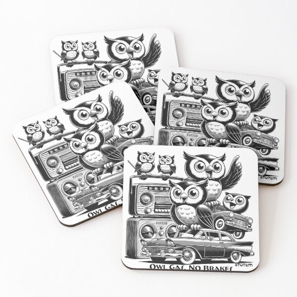 Item preview, retro illustration with owls, vintage cars and radios 50's style designed and sold by 8Totem.