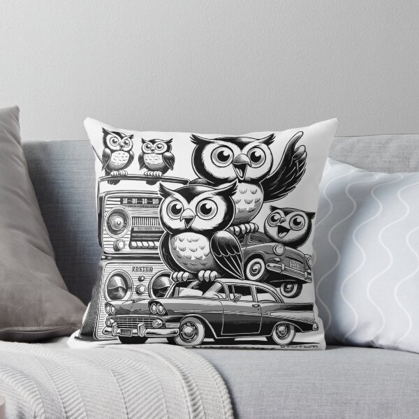 Item preview, retro illustration with owls, vintage cars and radios 50's style designed and sold by 8Totem.