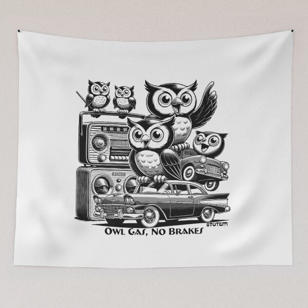 Item preview, retro illustration with owls, vintage cars and radios 50's style designed and sold by 8Totem.