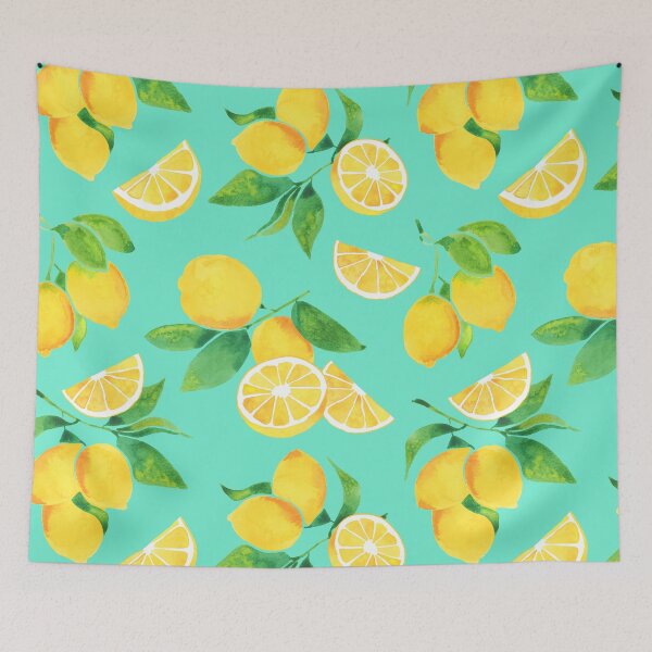 Item preview, A watercolor pattern of lemons and leaves on teal designed and sold by Hillary Holt.