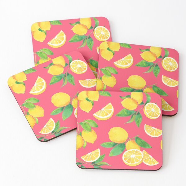 Item preview, A watercolor pattern of lemons and leaves on pink designed and sold by Hillary Holt.